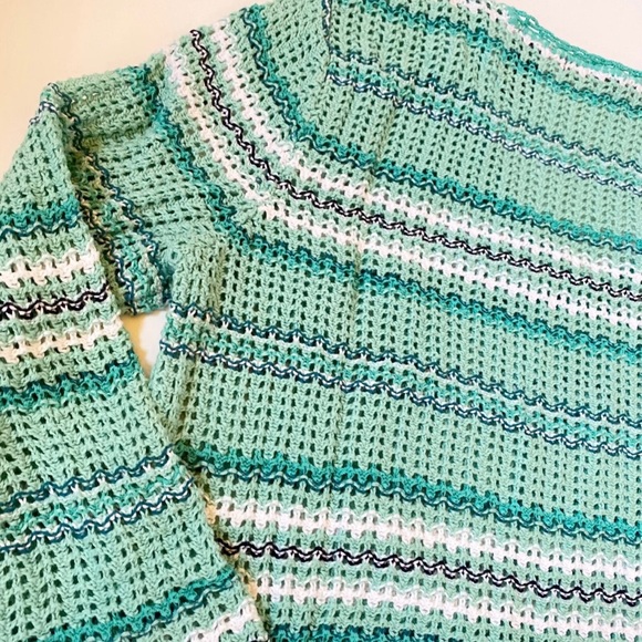 Liz Claiborne Womens Open Knit Blouse Sz M Green Stripes V-Neck 3/4 Sleeve - Picture 5 of 9